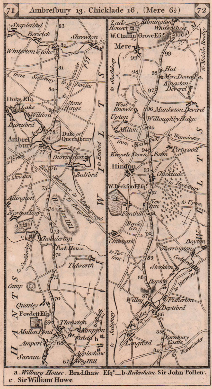Thruxton-Durrington-Amesbury-Wylye-Hindon-Mere road strip map PATERSON 1803